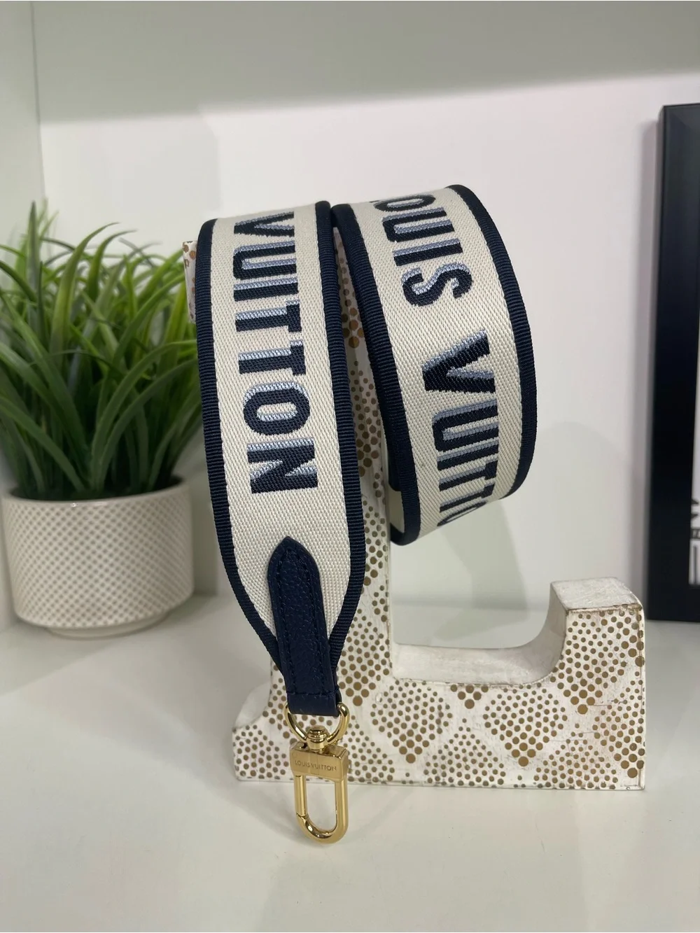 Louis Vuitton Navy and Cream Webbing Logo Shoulder Strap with Gold Hardware